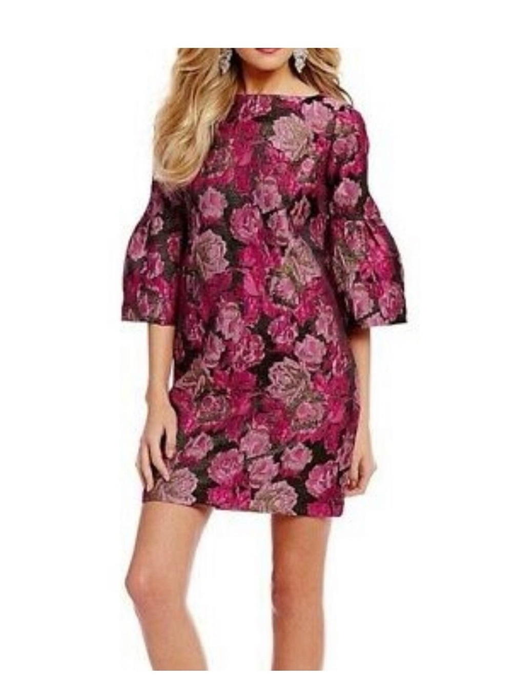 Badgley Mischka Rose-Print Pink Bell-Sleeve Mini Dress